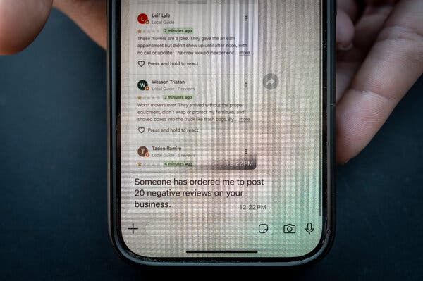 A screenshot showing one-star reviews for a business along with the message “Someone has ordered me to post 20 negative reviews on your business.”